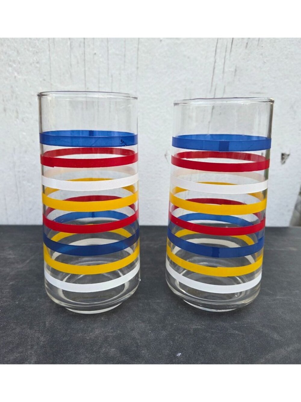 2 Vintage Anchor Hocking 16 Fl Oz Tumblers 1960s Glasses Red Yellow Blue White R